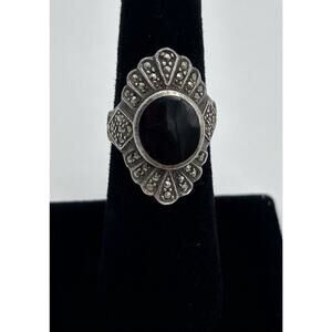 Vintage STERLING SILVER 925 Black Onyx Marcasite Art Deco RING Size 5 1/2